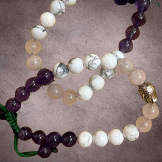Calmness and Anger Control Crystal Bracelet having Amethyst, Howlite, Rose Quartz